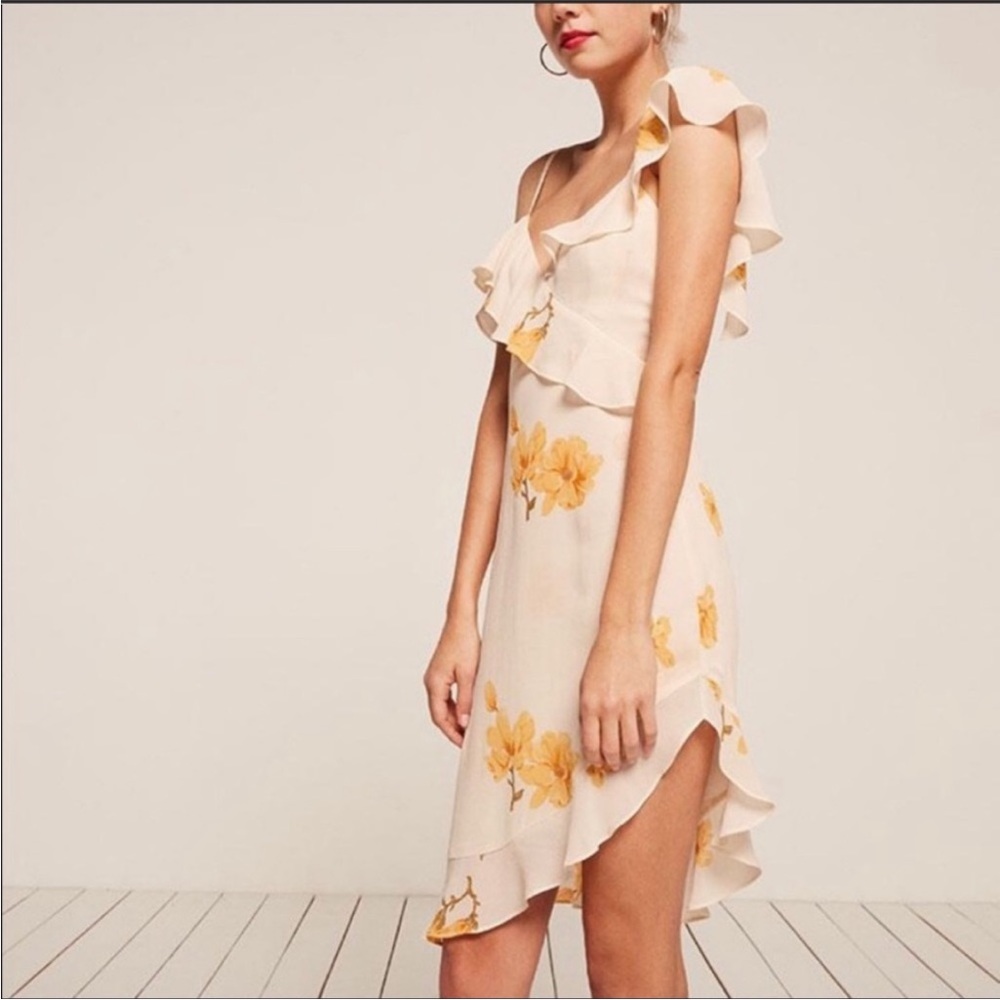 Reformation Cream Floral Asymmetrical Ruffle Dress with Yellow Blooms